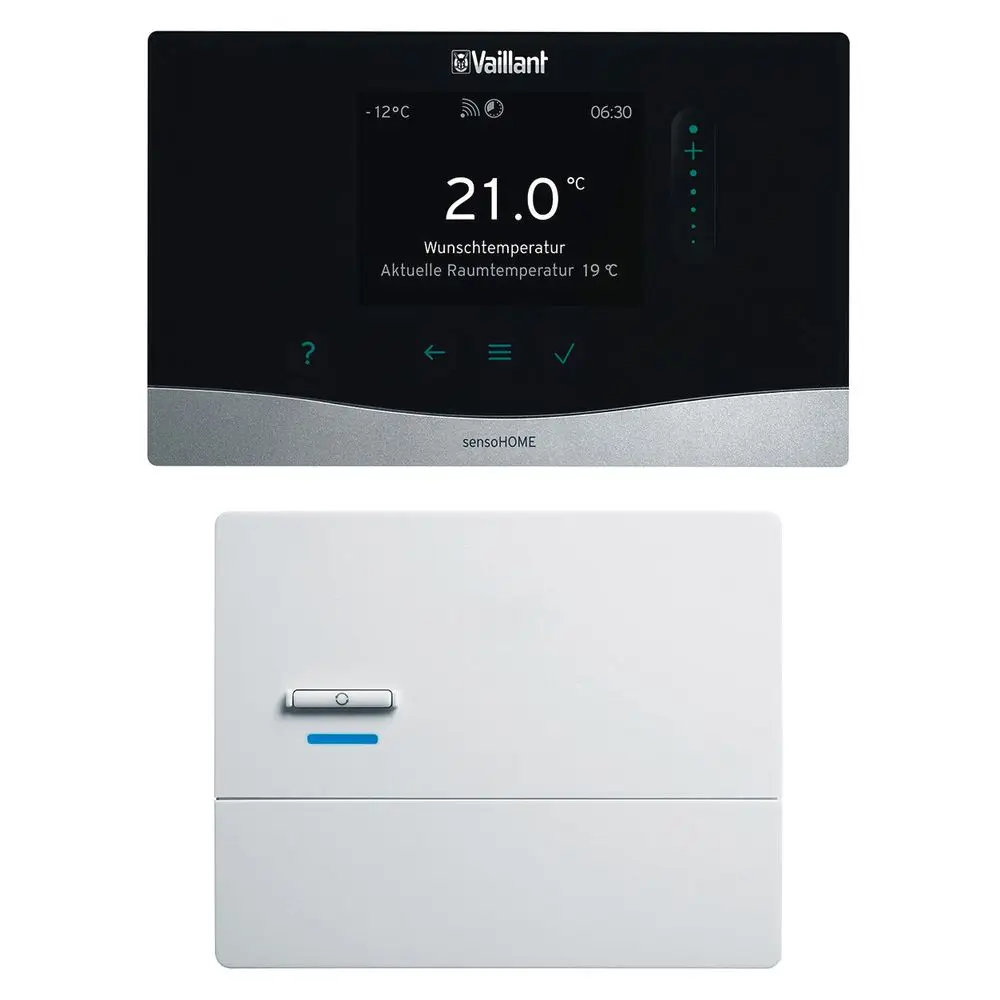 Vaillant Steuergerät mit Display, zeigt die aktuelle und Wunschtemperatur an, dazu ein weißes Wandthermostat mit Taster.